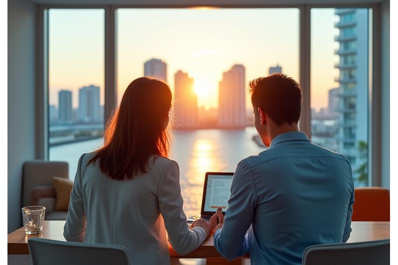 Founders collaborating on a wellness vision overlooking Miami skyline