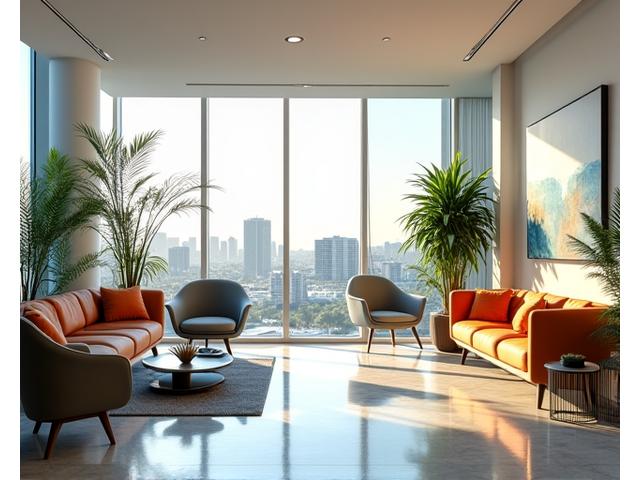 Modern, sunlit office lobby of Siren's Shore Miami headquarters, featuring tasteful coastal decor and comfortable seating.