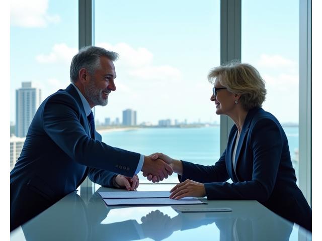 Two professionals shaking hands over a stylish desk, symbolizing a successful business partnership.