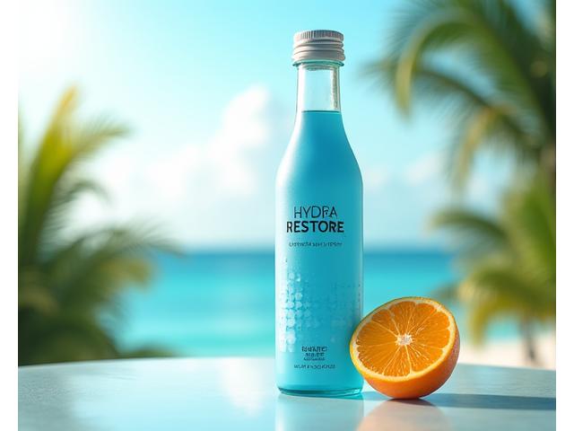 Featured product, the 'Rehydration Elixir', a sleek bottle with tropical background