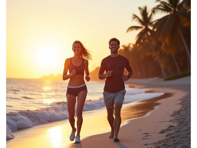 Miami couple enjoying an invigorating morning walk on a serene beach at dawn.