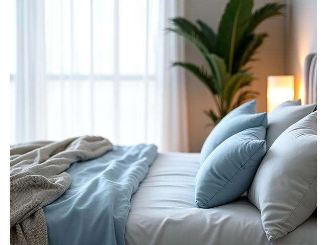 Serene bedroom with soft lighting, freshly made bed, and natural elements promoting restful sleep.