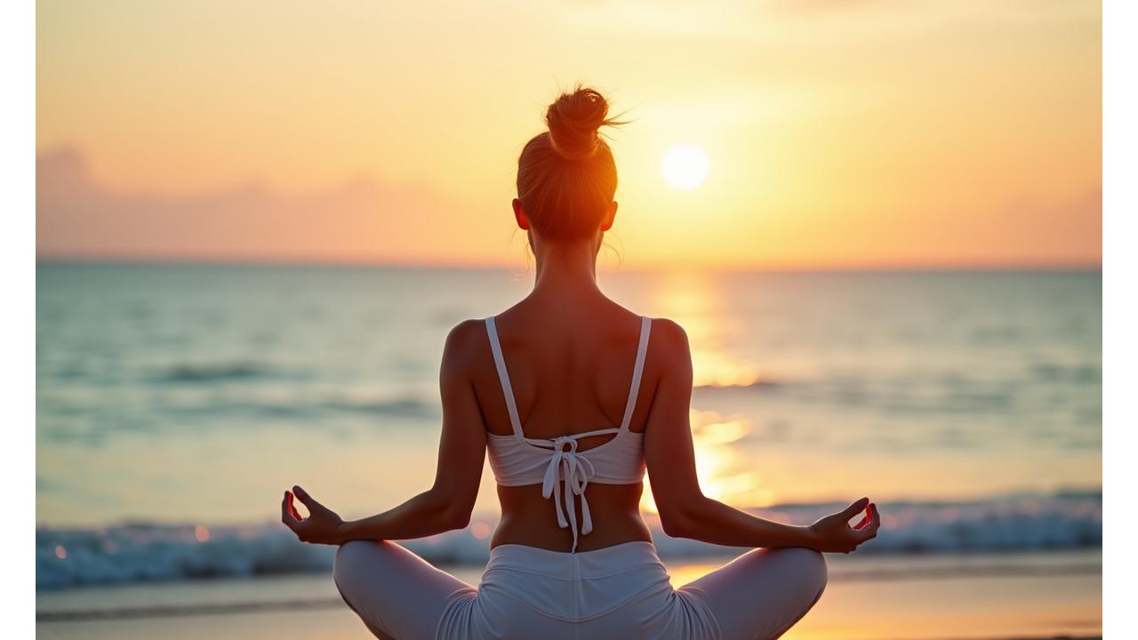 Miami resident practicing mindful morning meditation at sunrise overlooking the ocean, embodying calm and vitality.