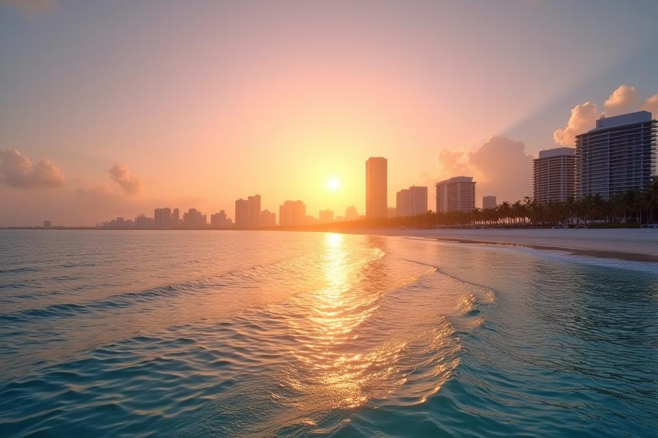 Miami skyline at golden hour with serene water, representing local wellness insights
