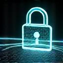Digital lock icon over abstract data flowing, representing data security