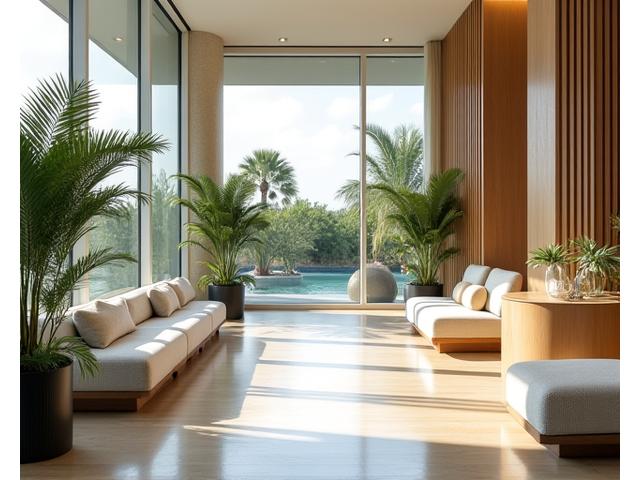 An elegant, modern spa or wellness retreat lobby area, with natural light and subtle luxurious touches