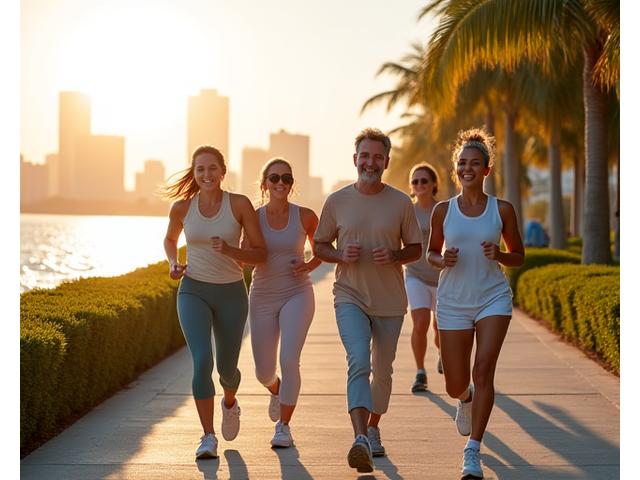 A diverse group of adults 35+ walking briskly on a scenic path along Miami's waterfront during a beautiful sunrise