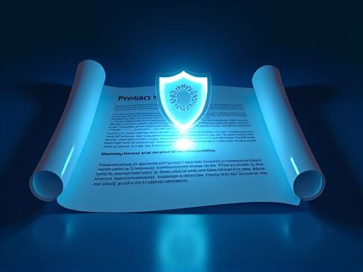 Representation of a glowing, secure document with a shield icon, symbolizing a trusted privacy policy.