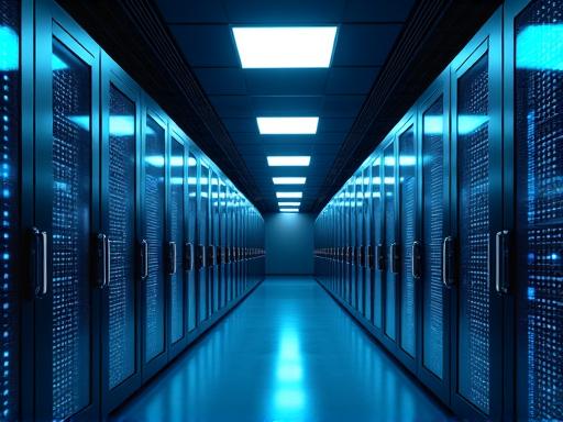 Server room with glowing blue security lights, representing robust data protection and digital infrastructure.