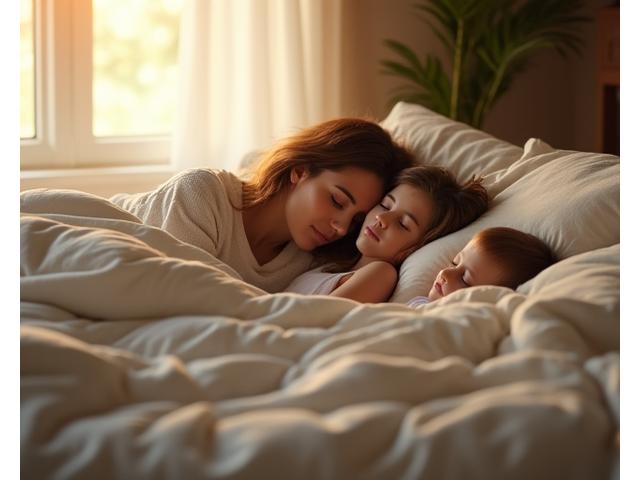 A peaceful family sleeping in a shared bed, parents and child in soft morning light