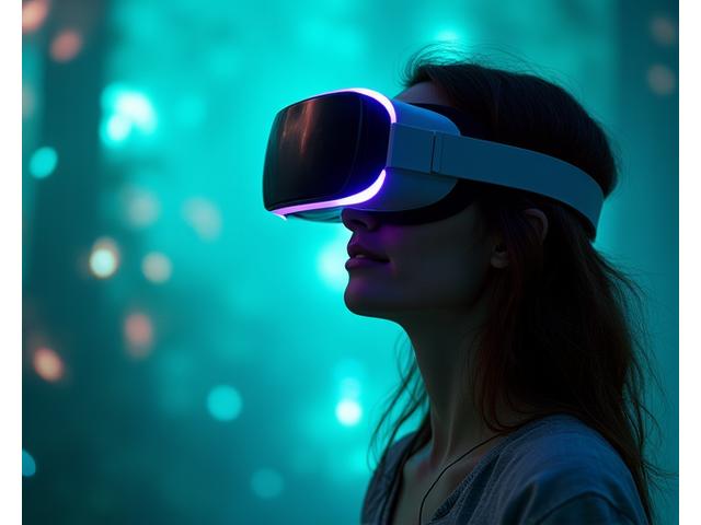 Person using a VR headset experiencing a serene virtual environment, representing advanced stress relief technology.