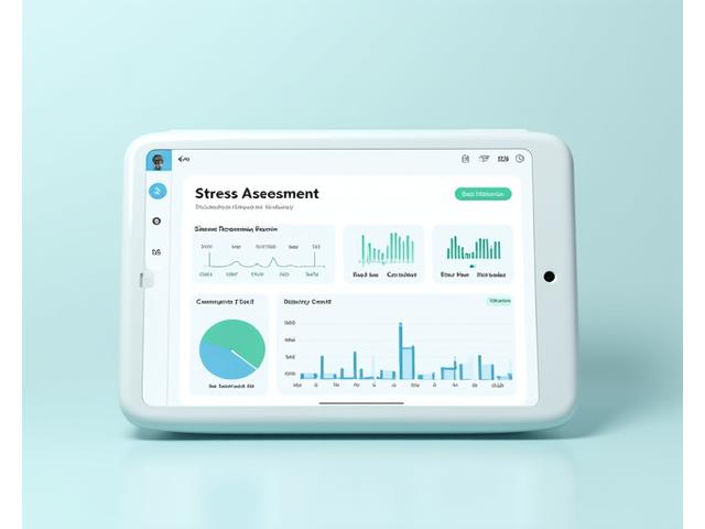 Digital dashboard showing stress metrics, mood logs, and personalized graphs on a tablet.