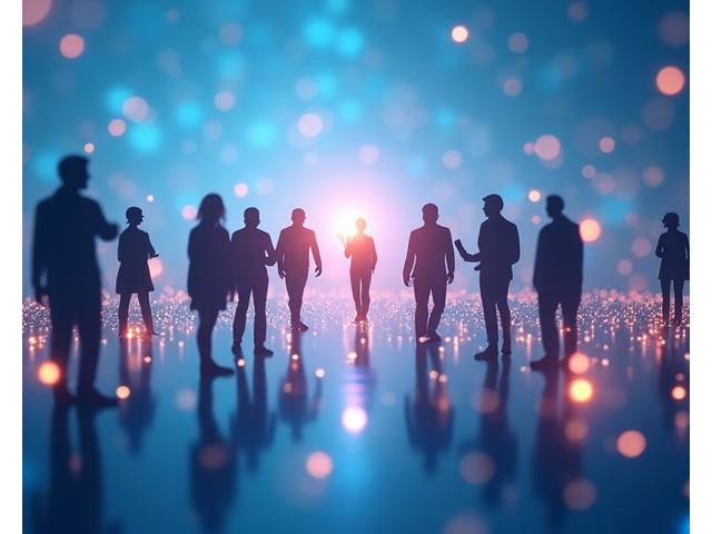 Diverse group of adults engaged in a respectful, supportive online discussion, depicted through glowing digital connections.